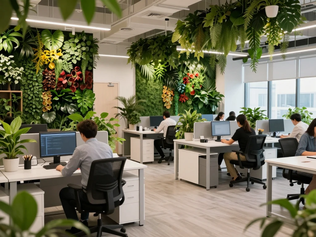 Biophilic Interior Design with lush green plants integrated into modern office space
