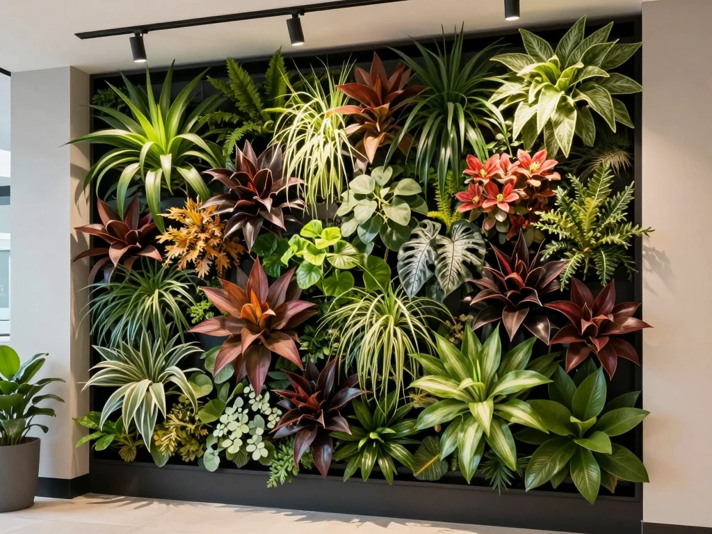 Vertical living wall installation with diverse plant species in modern interior