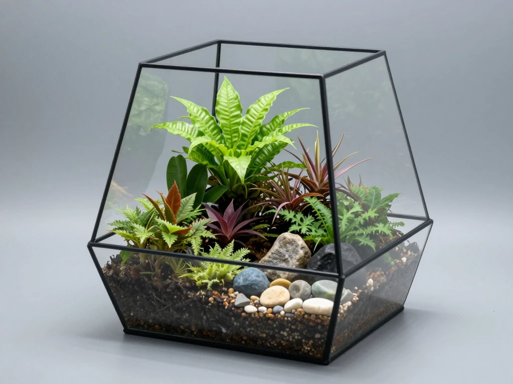 Custom terrarium design with layered plants in geometric glass container