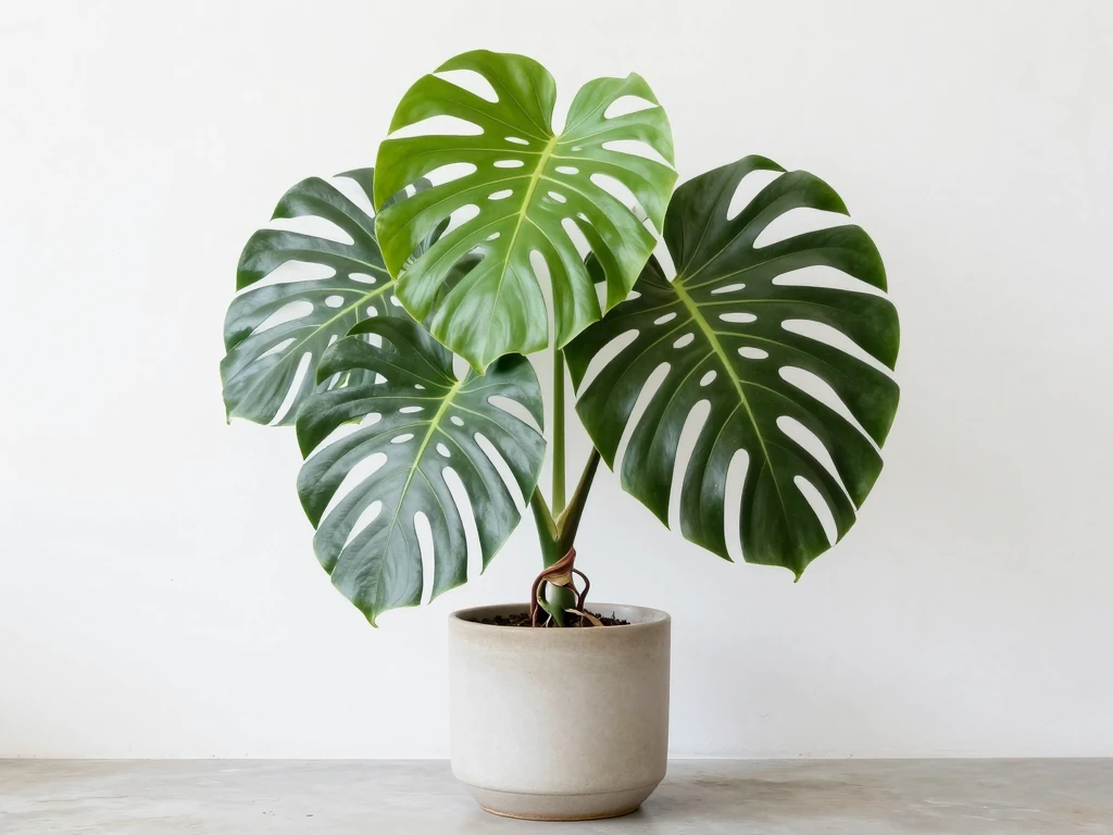 Monstera Deliciosa large tropical plant with split leaves in ceramic pot